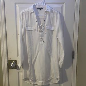 White Shirt Dress with Lace Up Neck